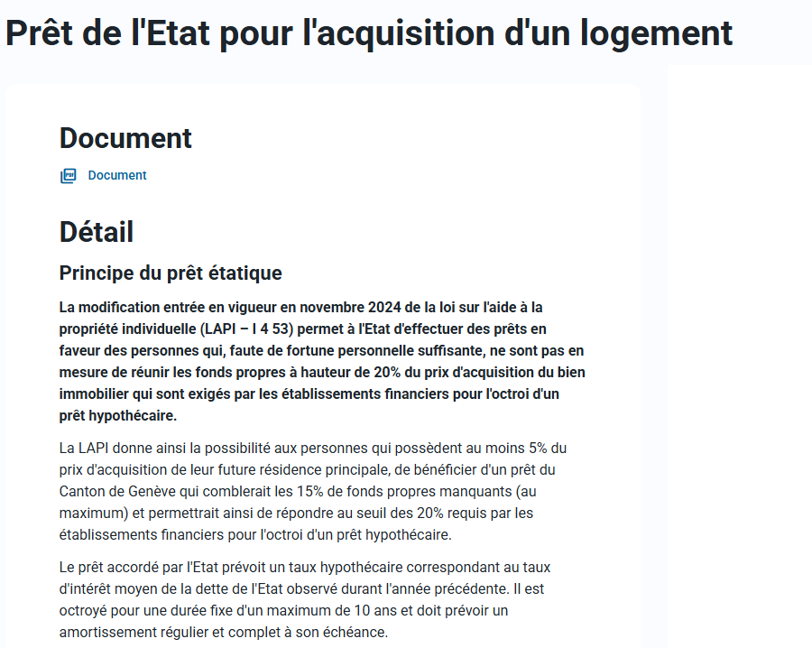 Extrait de la page officielle ge.ch : Prêt de l'État pour l'acquisition d'un logement (LAPI)